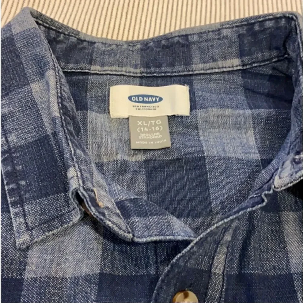 NWT Old Navy Long Sleeved Button-Down Denim Shirt Buffalo Plaid Sz XL (14-16)